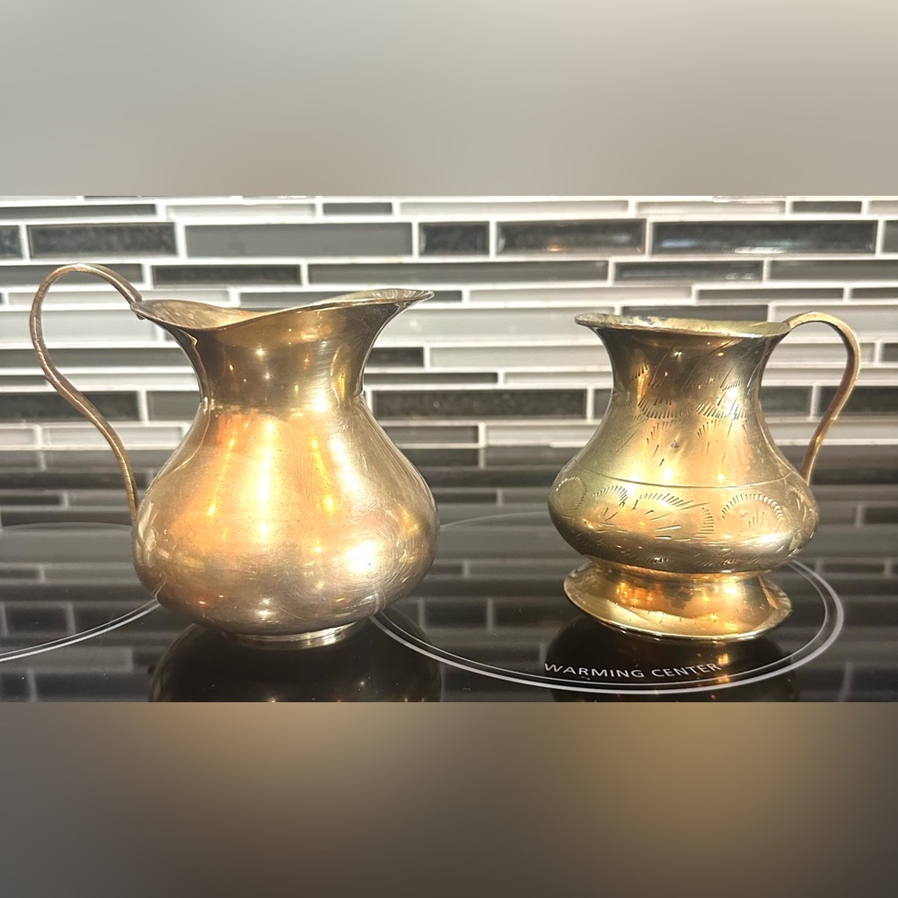 Vtg Solid Brass MCM Vase Pitchers Creamer India Handle, Footed Etched set of Two